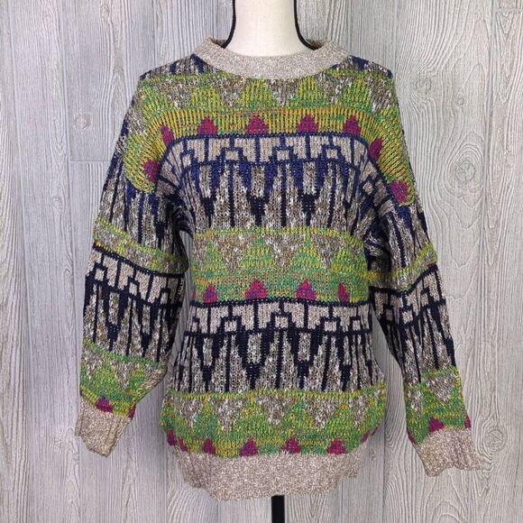 Vintage Women’s Size Large Oversized Wool Blend Aztec Tribal Striped Sweater - Picture 1 of 7